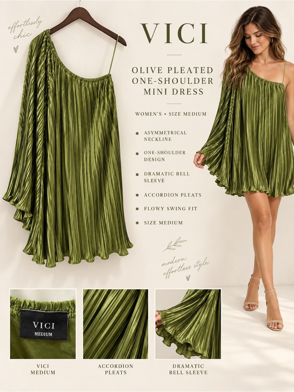 VICI Olive Green One-Shoulder Pleated Mini Dress